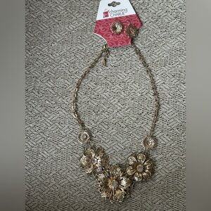 NWT Charming Charlie Gold Floral Statement Necklace & Matching Earrings Set